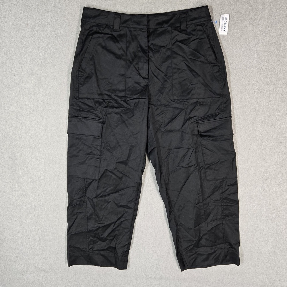 Old Navy Women Pants 12 PETITE Black Cargo Pants Extra High-Rise Satin Baggy NWT